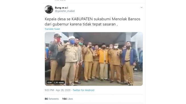 Viral Giliran Kades se-Sukabumi Menolak Bansos dari Ridwan Kamil (Twitter)