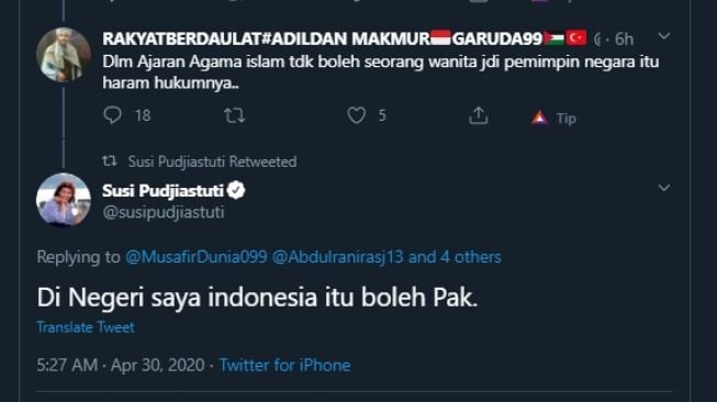 Cuitan Susi soal pemimpin tak boleh perempuan. (Twitter/@susipudjiastuti)