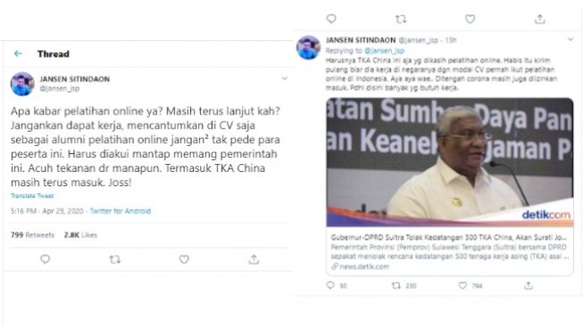 Jansen Sitindaon  mengkritik pelatihan online Kartu Prakerja dan masuknya TKA (Twitter)