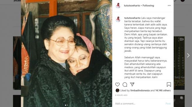 Unggahan Tutut soal meninggalnya Ibu Tien Soeharto.(Instagram)