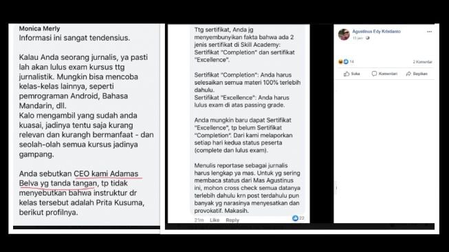 Tanggapan Pihak Penyedia Kelas Online. (Facebook/Agustinus Edy Kristianto)