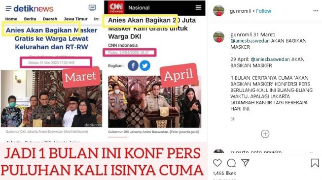 Politikus PSI menyindir Anies Baswedan yang akan bagikan masker gratis. (Instagram/@GunRomli)