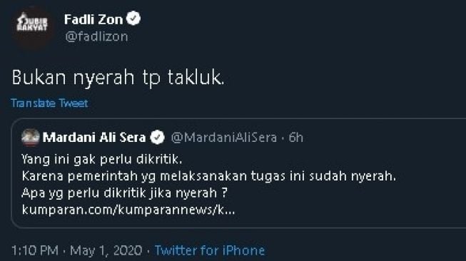 Fadli Zon menanggapi cuitan Mardani Ali Sera soal TKA Chian. (Twitter/@fadlizon)