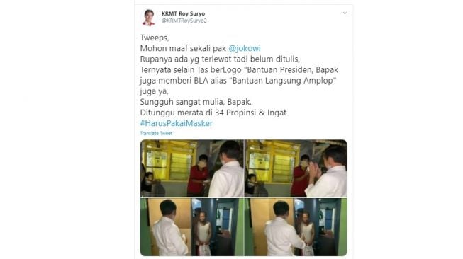 Roy Suryo menyoroti Jokowi bagi-bagi sembako dan amplop pada malam hari. (Twitter)