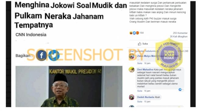 Hoaks tentang Menhina Jokowi Soal Mudik dan Pulkam Neraka Jahanam Tempatnya. (Turnbackhoax.id)
