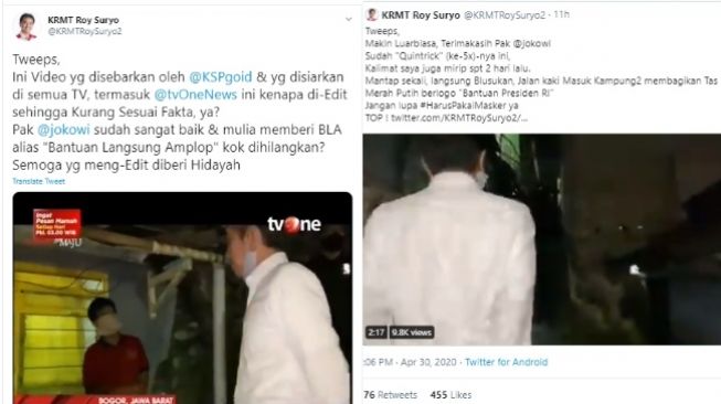 Roy Suryo menyoroti aksi Jokowi blusukan malam-malam menbagikan sembako dan amplop. (Twitter)