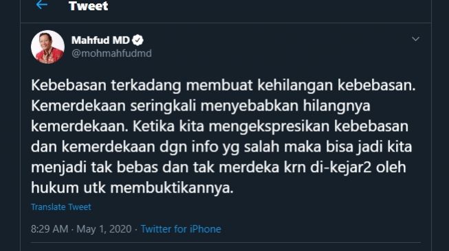 Cuitan Mahfud MD soal kebebasan yang dikejar-kejar hukum. (Twitter/@mohmahfudmd)