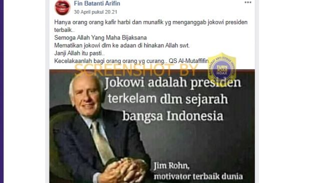 Konten hoaks yang memuat kutipan Jim Rohn tentang Jokowi. (Turnbackhoax.id)