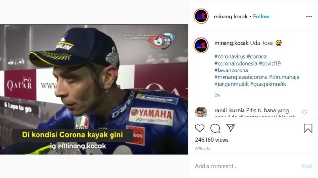 Valentino Rossi mengimbau masyarakat Indonesia untuk tidak mudik Lebaran tahun ini (Instagram-minang.kocak)