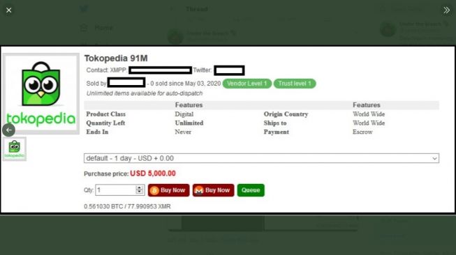 Data-data Tokopedia yang bocor. [Twitter/@underthebreach]