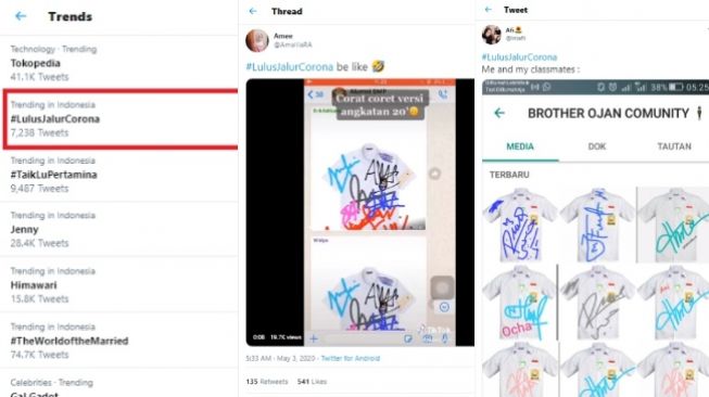 #LulusJalurCorona masuk trending topik Twitter, Siswa SMA merayakan kelulusan secara online (Twitter)