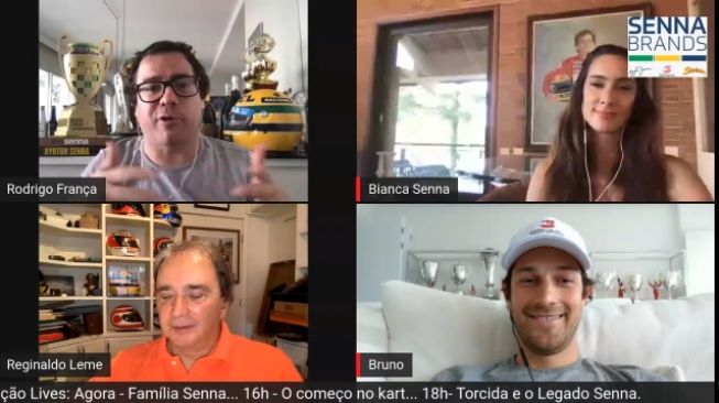 Especial Ayrton Senna Live bersama keluarga Ayrton Senna, Bianca Senna dan Bruno Senna, ditambah dua jurnalis kondang Brasil [screen shot Senna TV].