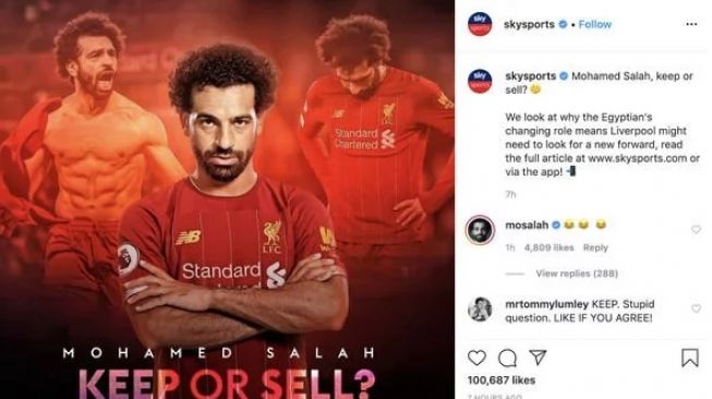 Mohamed Salah tanggapi rumor di Instagram Sky Sports. (Instagram/@skysport).