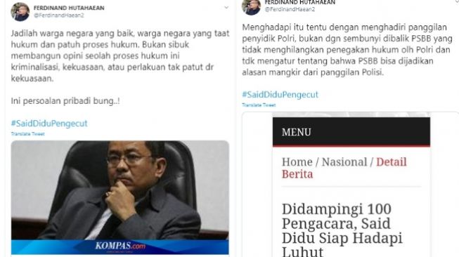 Ferdinand Hutanaean menanggapi ketidakhadiran Said Didu atas panggilan Bareskrim (Twitter)