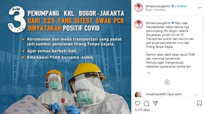 Walikota Bogor Bima Arya soal 3 orang penumpang KRL Bogor positif corona (Instagram).