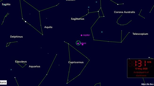 Fenomena langit Mei 2020, konjungsi Bulan dan Saturnus. [In the Sky.org]