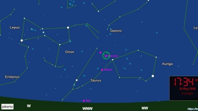 Fenomena langit Mei 2020, konjungsi Bulan dan Merkurius. [In the Sky.org]