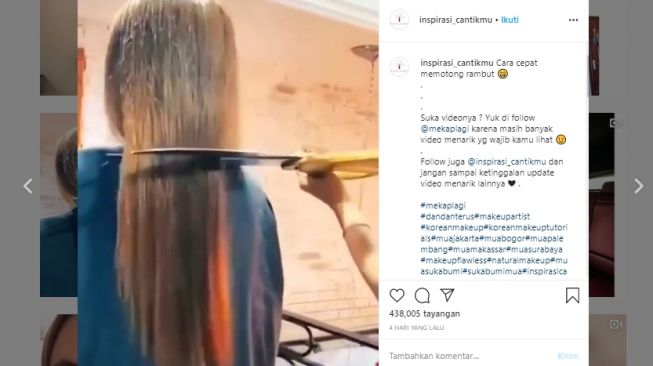 Memotong rambut dengan gunting raksasa. (Instagram/@inspirasi_cantikmu)
