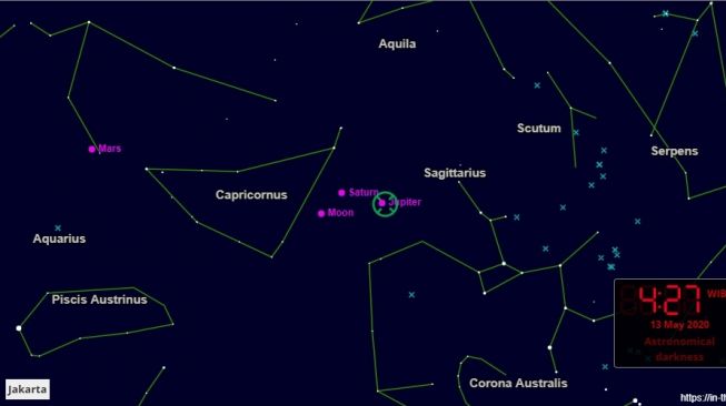 Fenomena langit Mei 2020, konjungsi Bulan dan Jupiter. [In the Sky.org]