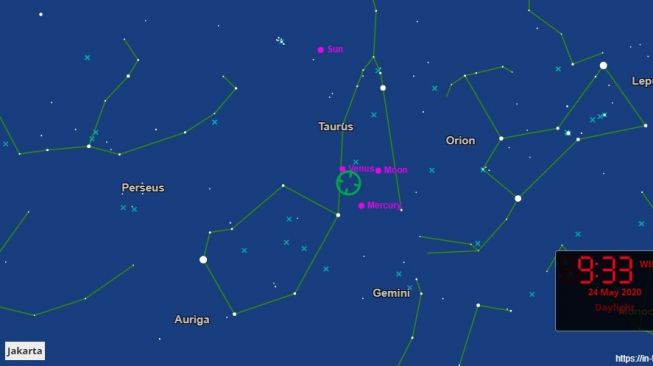 Fenomena langit Mei 2020, konjungsi Bulan dan Venus. [In the Sky.org]