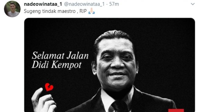 Nadeo Argawinata turut berduka cita atas kepergian Didi Kempot. (Twitter/@nadeowinataa_1).