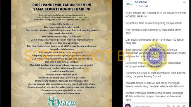 CEK FAKTA: Benarkah Puisi Tahun 1919 Ramal Soal Pandemi?