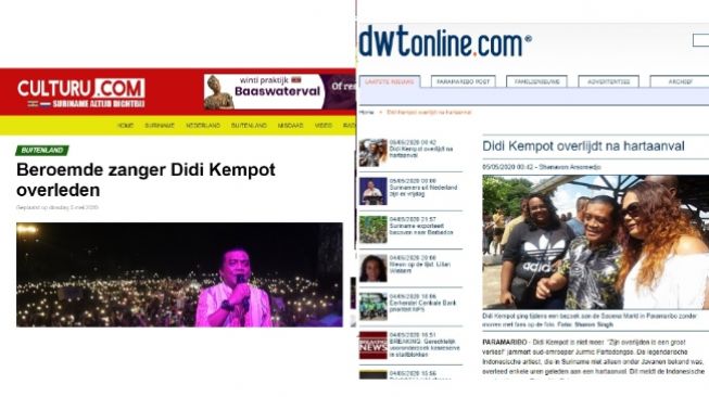 Media Suriname turut berduka dan mengabarkan kematian Didi Kempot (Screenshot Culturu.com dan dwtonline.com)