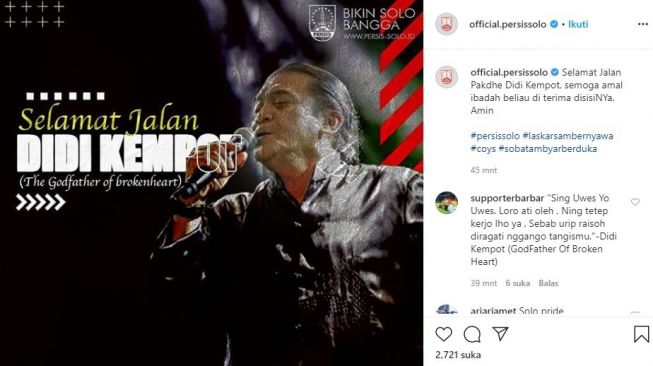 Persis Solo turut ucapkan bela sungkawa atas kepergian Didi Kempot. (Instagram/official.persissolo)