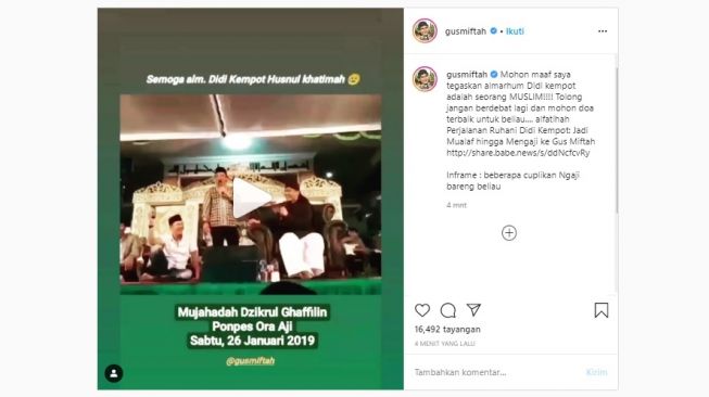 Gus Miftah menegaskan Didi Kempot adalah seorang muslim (Instagram)
