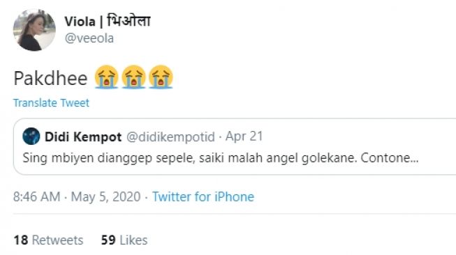 Viola Kurniawati sedih atas kepergian Didi Kempot. (Twitter/@veeola).