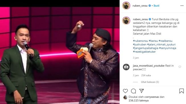 Unggahan Ruben Onsu tentang dukanya ata meninggalnya penyanyi campursari, Didi Kempot pada Selasa (5/5/2020) pagi. [Instagram/@ruben_onsu]