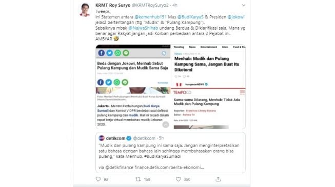 Roy Suryo menanggapi beda pernyataan Budi Karya dan Jokowi soal mudik dan pulang kampung (Twitter)