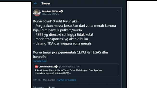 Cuitan Mardani Ali Sera soal alasan Indonesia sulit turunkan kurva covid-19. (Twitter/@MardaniAliSera)