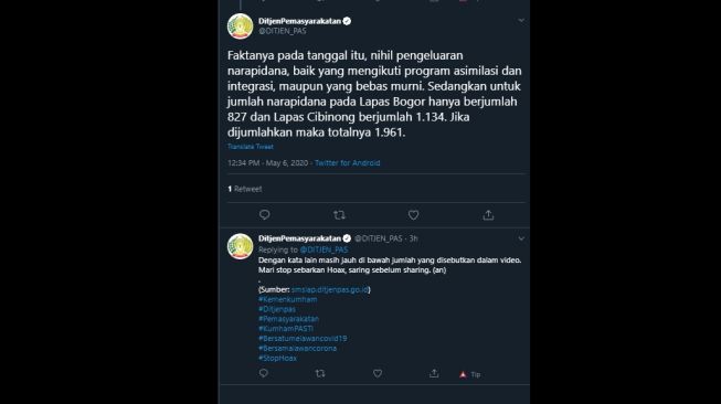 Klarifikasi Ditjen Pemasyarakatan soal kabar pembebasan 2800 napi di Bogor. (Twitter/DITJEN_PAS)