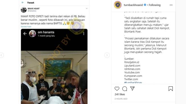 Tangkapan layar klarifikasi pengunggah klaim  tentang jenazah Didi Kempot tidak dikafani. (Instagram/Turnbackhoax.id)