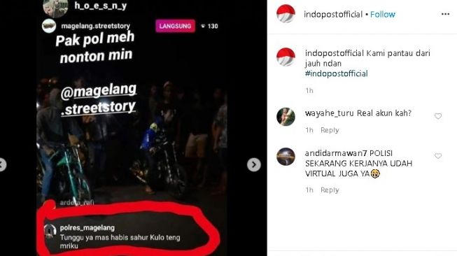 Siaran live balap liar dikomentari akun polres. (Instagram/@indopostofficial)