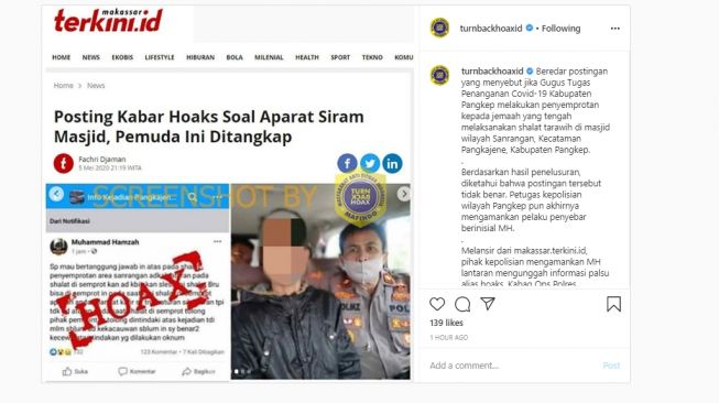 Polisi telah menangkap peaku penyebar hoax soal penyemrotan jamaah salat Tarawih. (Instagram/Turnbackhoax.id))