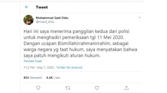 Said Didu menerima panggilan kedua dari polisi (Twitter)