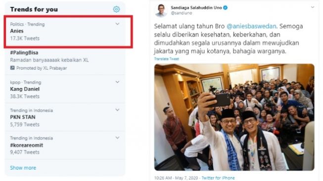 Nama Anies Baswdan trending, selain ucapan ulang tahun publik juga mengkritik (Twitter)