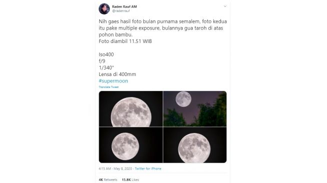 Penampakan Supermoon, Kamis (7/5/2020). [Twitter]