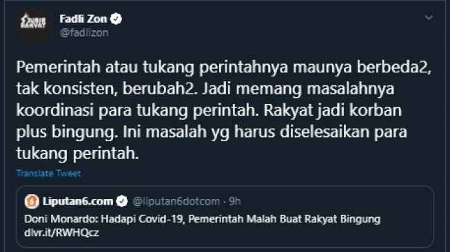 Cuitan Fadli Zon tentang perbedaan kebijakan membuat rakyat bingung. (Twitter/@fadlizon)