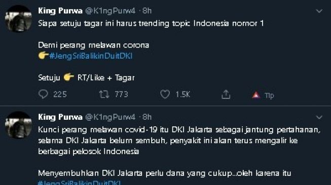 Tagar #JengSriBalikinDuitDKI trending topic Twitter. (Twitter)