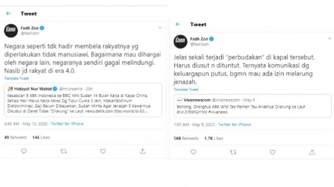 Cuitan Fadli Zon menanggapi eksploitasi WNI ABK di kapal China (Twitter)