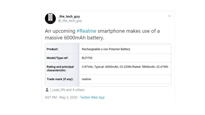 Bocoran baterai Realme baru. [Twitter]