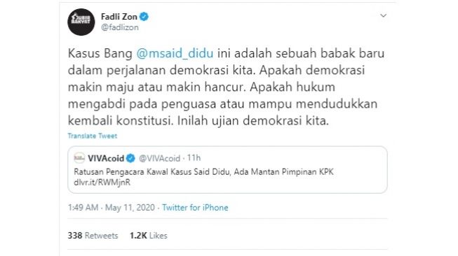 Fadli Zon menanggapi pemeriksaan Said Didu (Twitter)