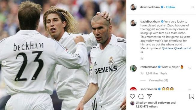 Pujian David Beckham untuk mantan rekan setimnya, Zinedine Zidane. (Instagram/davidbeckham)