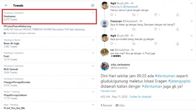 Warga Jawa Tengah mengaku dengar suara dentuman Senin dini hari (Twitter)