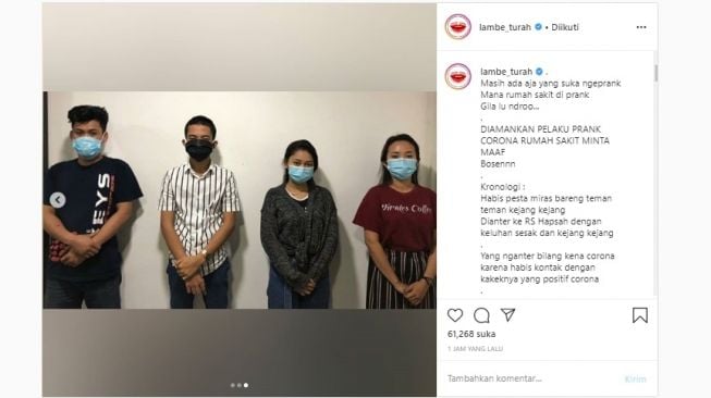 Remaja prank rumah sakit mengaku kena Covid-19 padahal habis pesta miras (Instagram @lambe_turah)