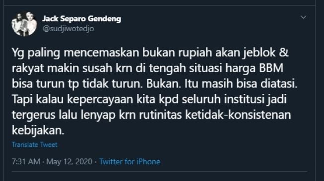 Cuitan Sudjiwo Tedjo oal kecemasan rakyat pada ketidak-konsistenan kebijakan. (Twitter/@sudjiwotedjo)