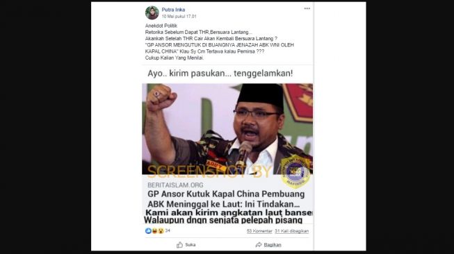 CEK FAKTA: Kutuk Kapal China Pembuang ABK, GP Ansor Kirim Angkatan Laut?